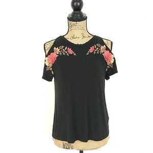 American Eagle Women sz S Top Black Floral Embroidered Cold Shoulder Soft & Sexy